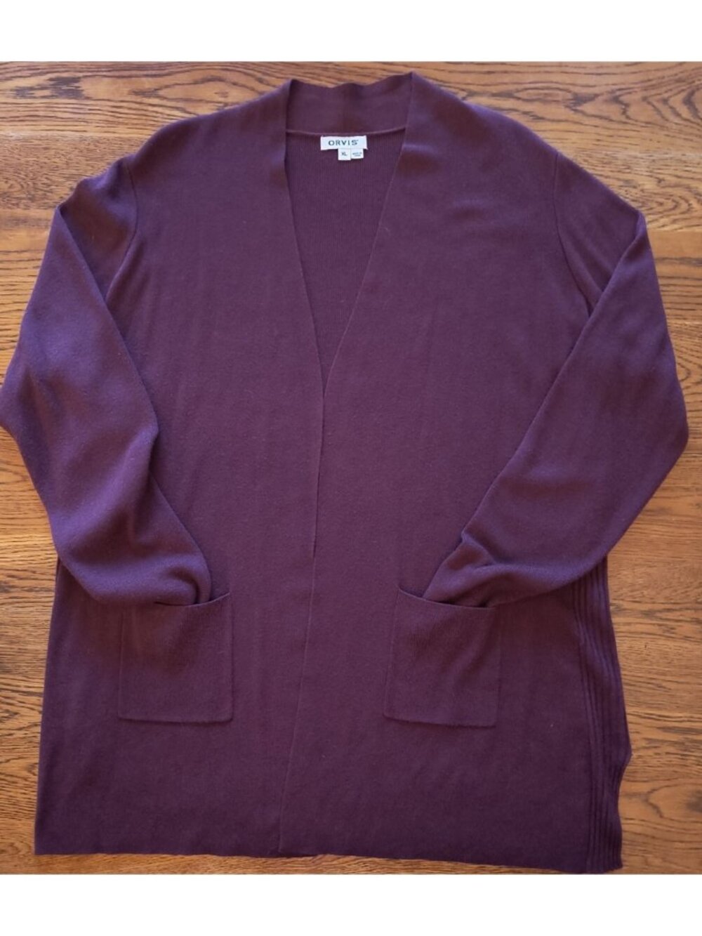 Orvis XL Burgundy Open Front Cardigan Sweater W/ Pockets Ribbed Siding